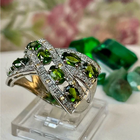 2.22ct Tsavorite & Sapphire Silver Ring 925  size 8 - Picture 4 of 12
